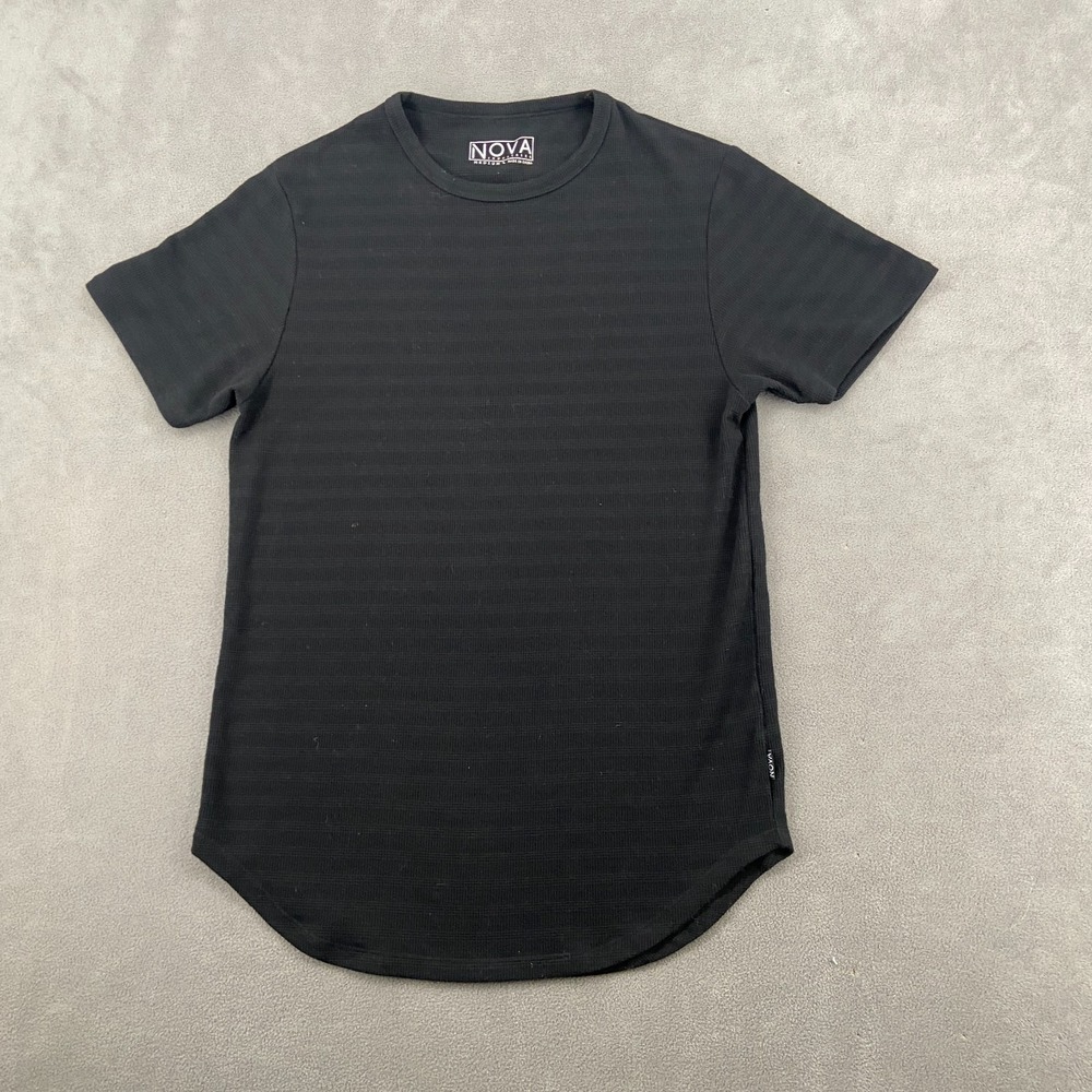 Nova Industries‎ Ribbed T Shirt Mens Medium Black Knit Crew Neck Shirttail Hem